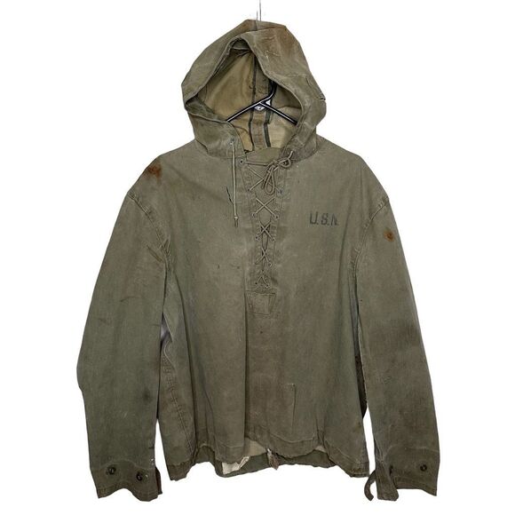 Vintage 1940s WW2 USN Navy Foul Weather Anorak Deck Pullover Jacket Medium - Picture 1 of 12